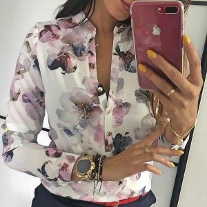 Elegant Casual Blouse Floral Print Button Design Long Sleeve